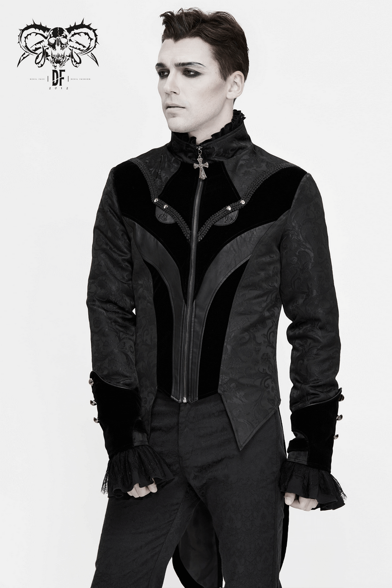 Gothic Jacquard Velvet Swallow Tailcoat / Men's Stand Collar Cross Zip Coat - HARD'N'HEAVY