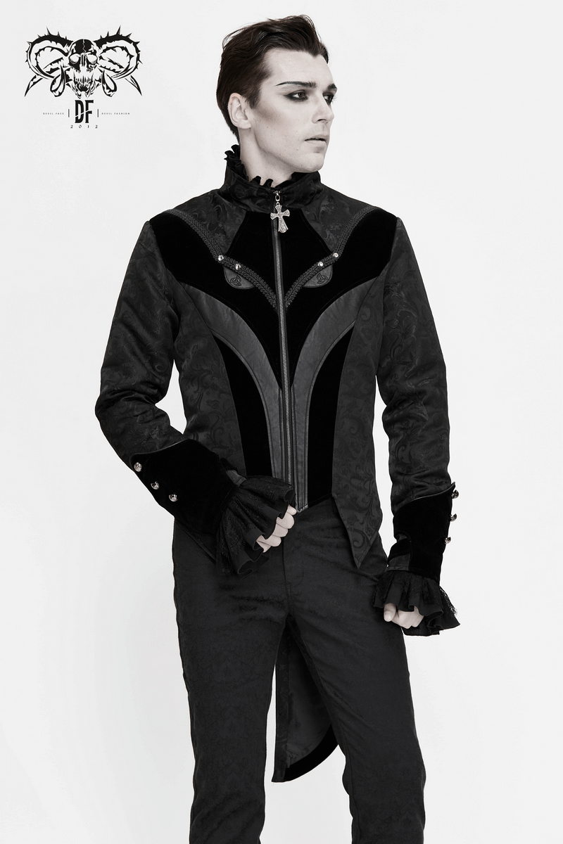 Men's gothic velvet swallow tailcoat with cross zip detail, showcasing vintage style and elegance.