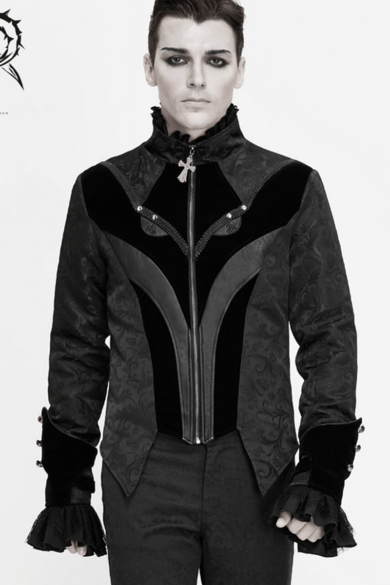 Men's gothic velvet swallow tailcoat with stand collar and cross zip detailing, stylish and vintage-inspired.