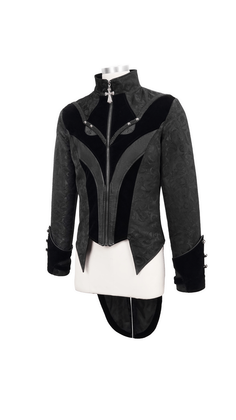 Gothic Jacquard Velvet Swallow Tailcoat / Men's Stand Collar Cross Zip Coat - HARD'N'HEAVY