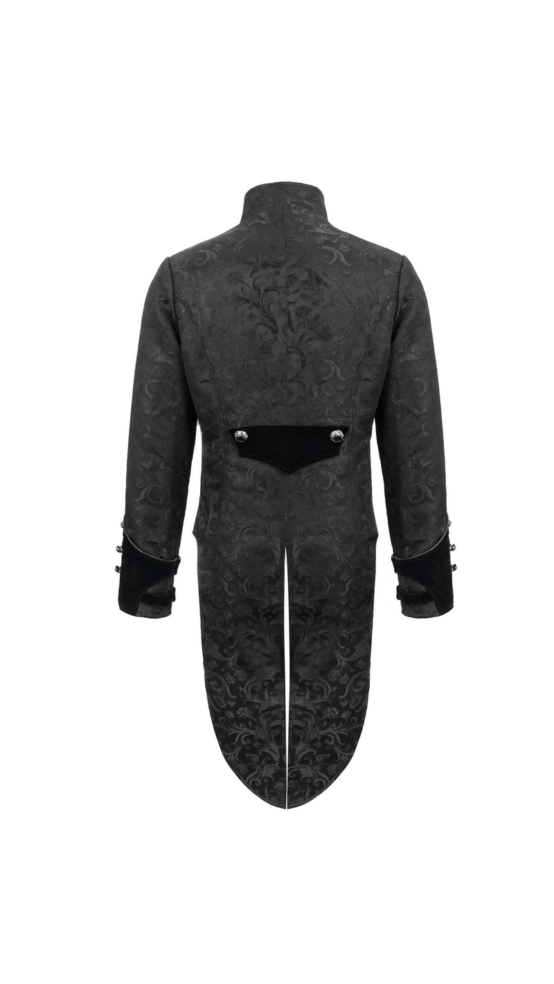 Back view of a Gothic Jacquard Velvet Swallow Tailcoat for men, showcasing intricate design and elegant silhouette.