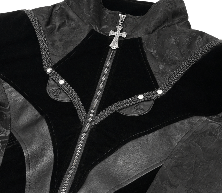 Close-up of gothic men's velvet coat with stand collar, cross zip, and intricate detailing.