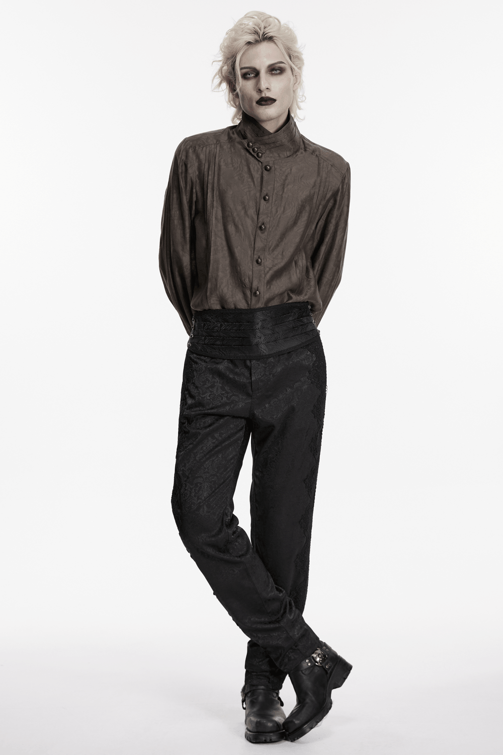 Model wearing Gothic Jacquard Waist Belt with Pleated Front, styled in dark gothic attire.