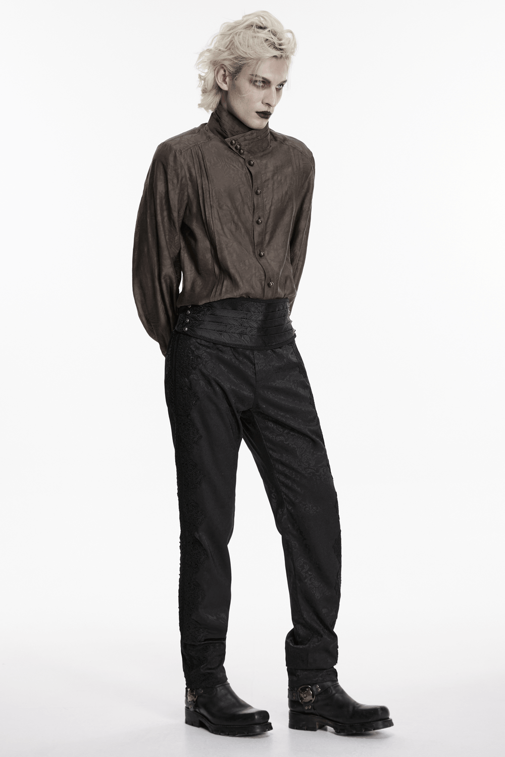 Gothic Jacquard Waist Belt with Pleated Front worn with a dark button-up shirt and stylish black pants.