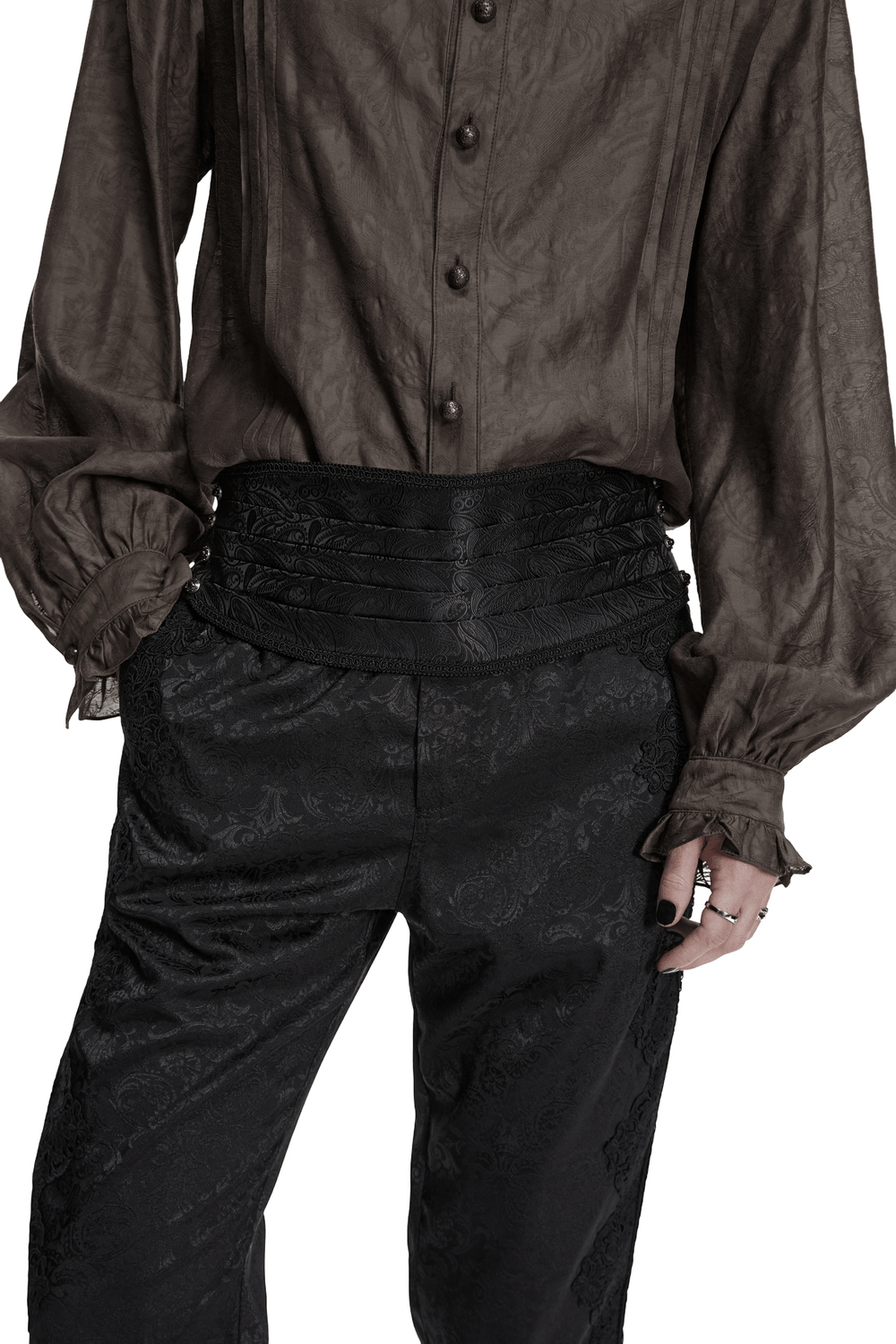 Gothic Jacquard Waist Belt with Pleated Front worn over elegant black pants and a vintage styled brown blouse.