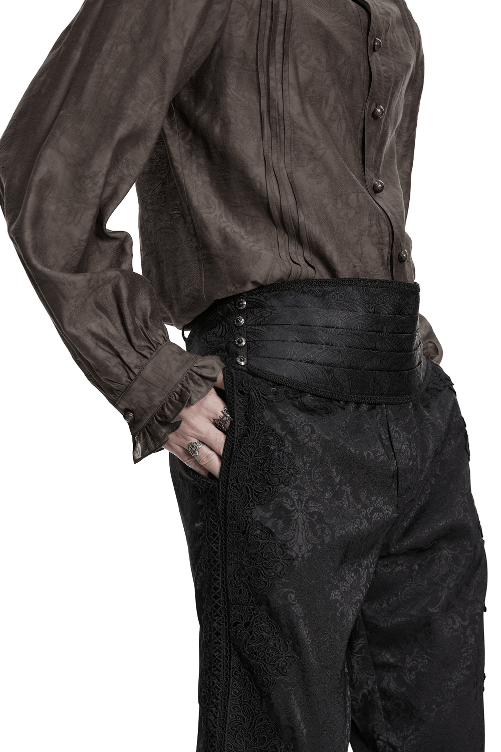Gothic Jacquard Waist Belt with Pleated Front styled on model, featuring pressed pleats and ornate detailing.