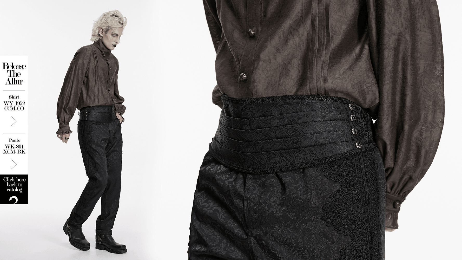 Gothic Jacquard Waist Belt with Pleated Front showcased on model, paired with a stylish blouse and dark pants.
