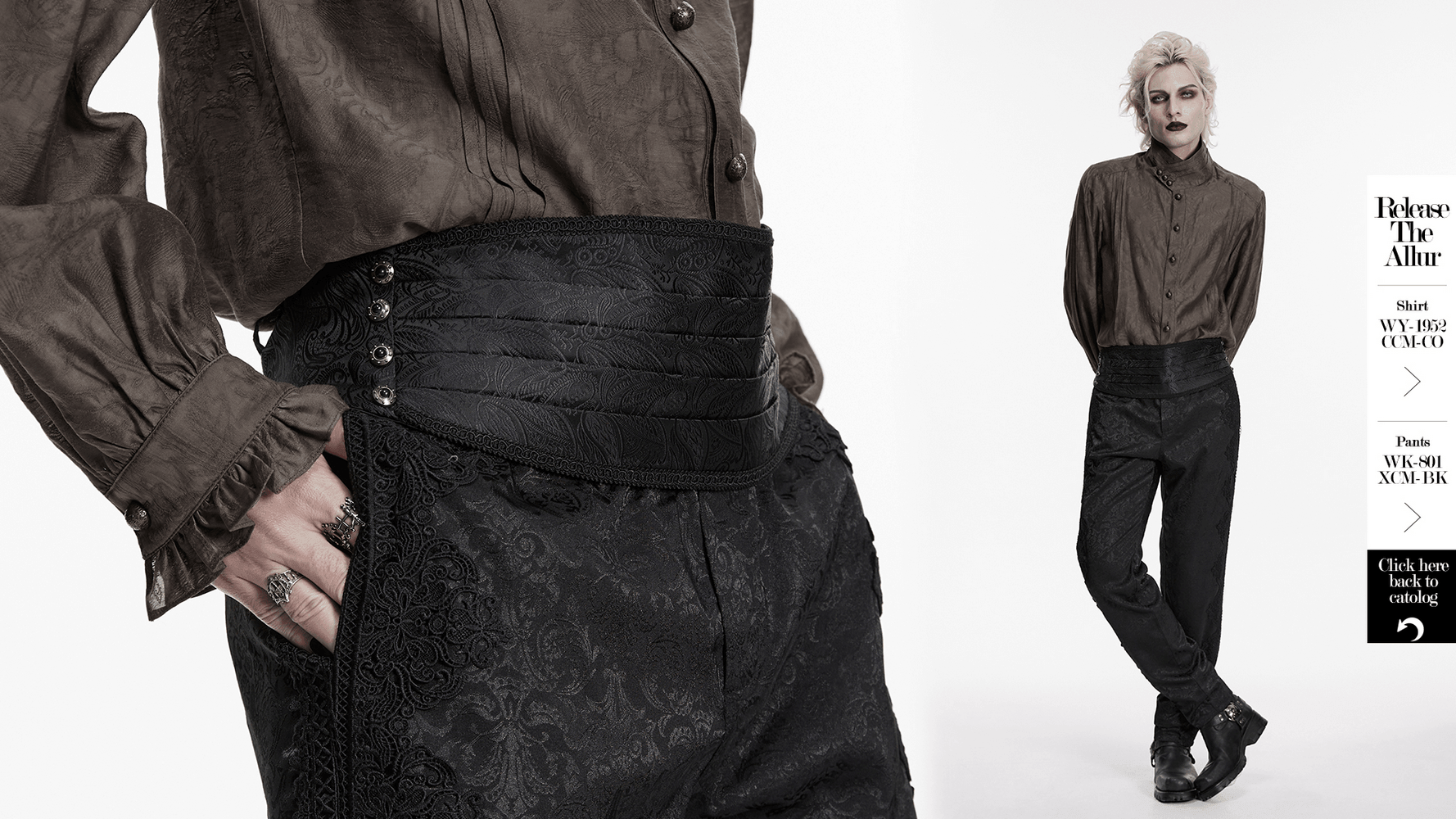 Gothic Jacquard Waist Belt with Pleated Front worn over stylish gothic attire, showcasing pressed pleats and ornate details.
