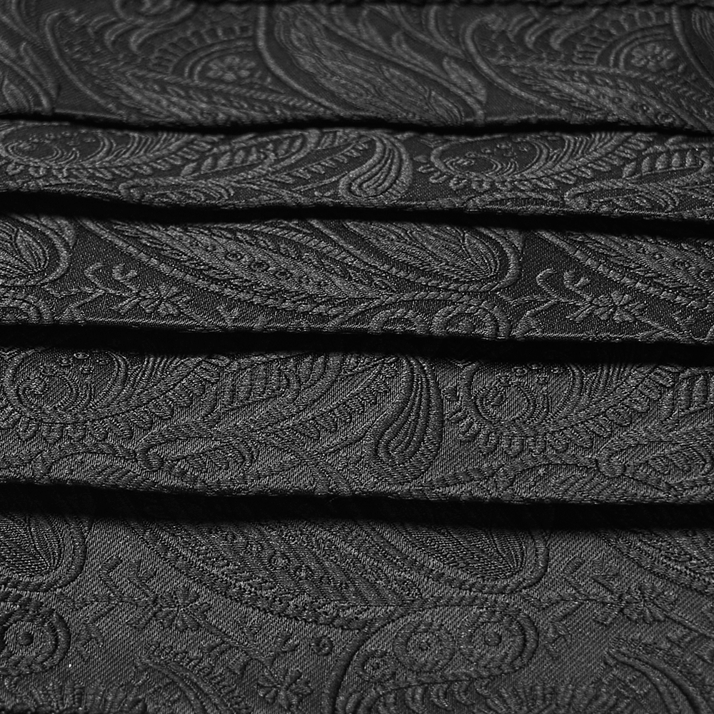 Gothic Jacquard Waist Belt with Pleated Front showcasing intricate black fabric texture and pressed pleats for layered dimension.