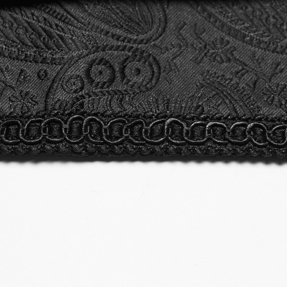 Gothic Jacquard Waist Belt with Pleated Front intricate detailing and black textured fabric shown up close.