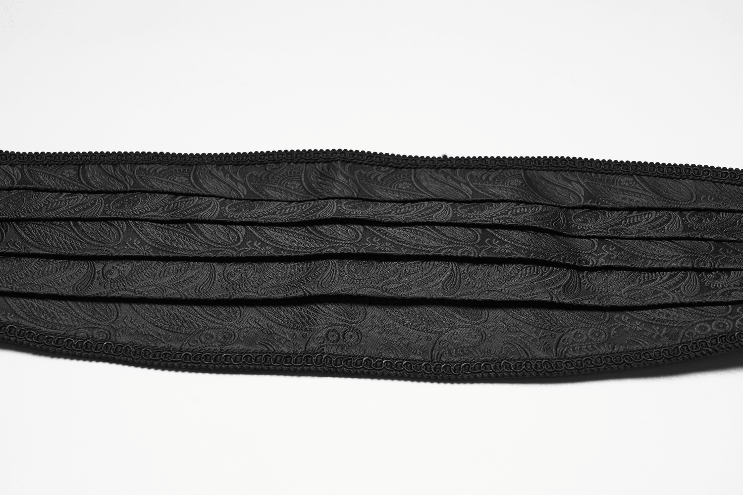 Gothic Jacquard Waist Belt with Pleated Front showcasing pressed pleats and ornate dark floral pattern.