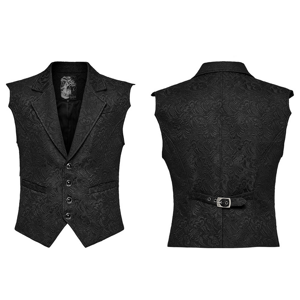 Gothic Jacquard Waistcoat with bat wing design and gemstone buttons, showcasing a sophisticated black pattern.