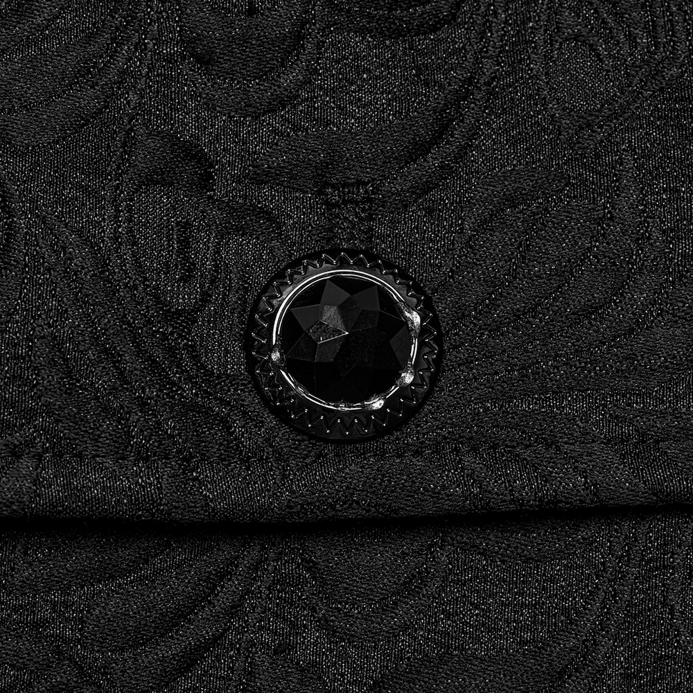 Close-up of a Gothic Jacquard Waistcoat featuring a luxurious black gemstone button.
