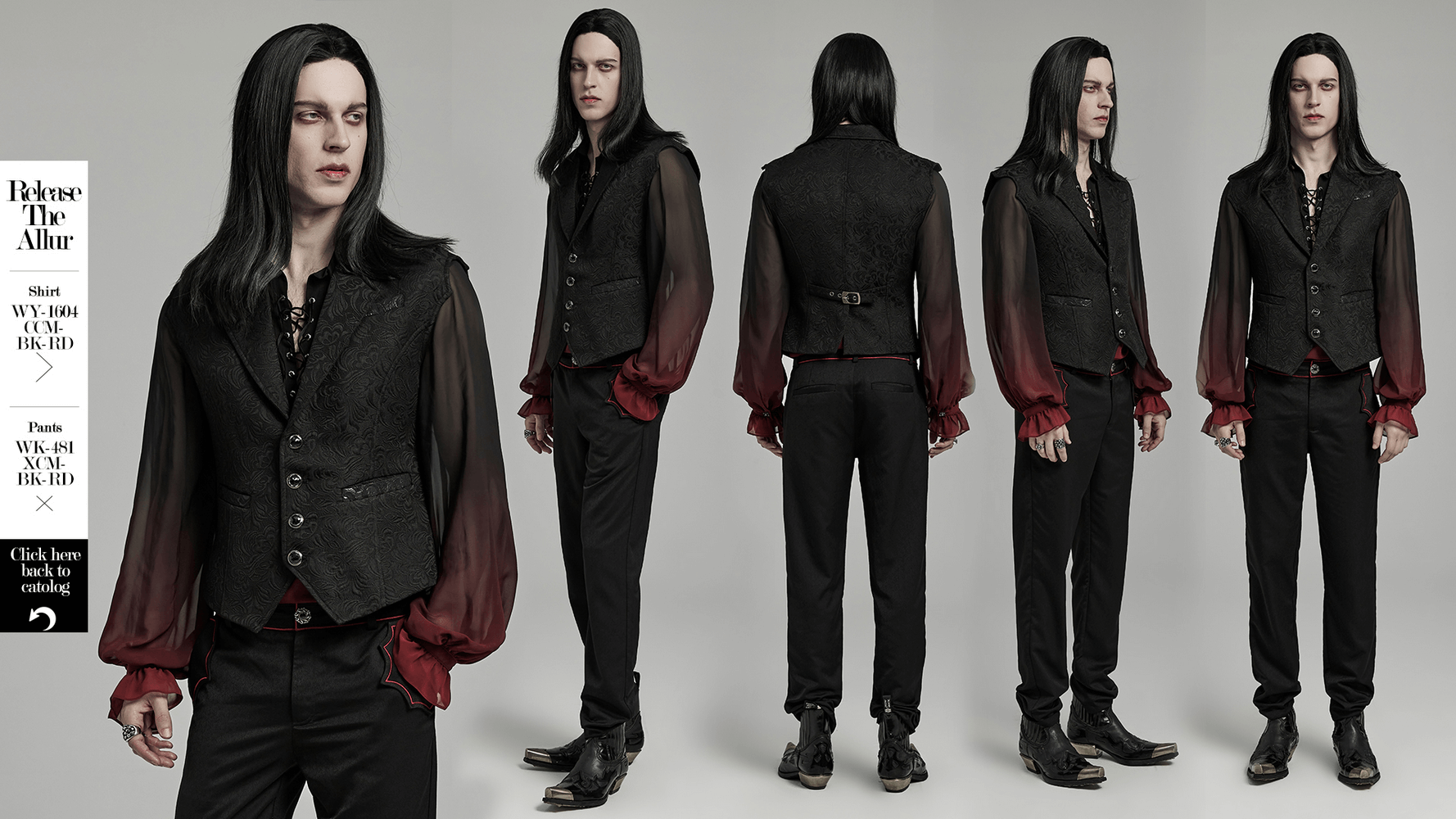 Gothic jacquard waistcoat with gemstone buttons and bat wing design, styled with elegant long sleeves and tailored pants.