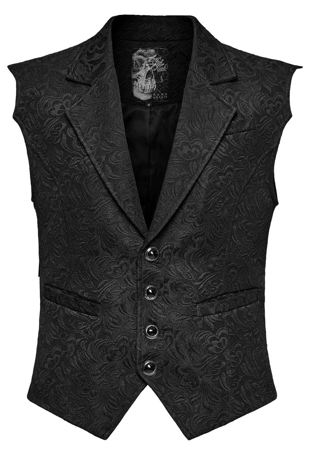 Gothic jacquard waistcoat with bat wing design and gemstone buttons for a stylish, elegant look.