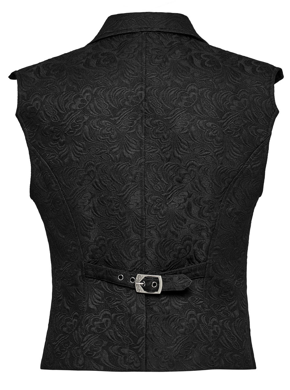 Back view of a Gothic Jacquard Waistcoat with intricate patterns and an adjustable buckle for fit.