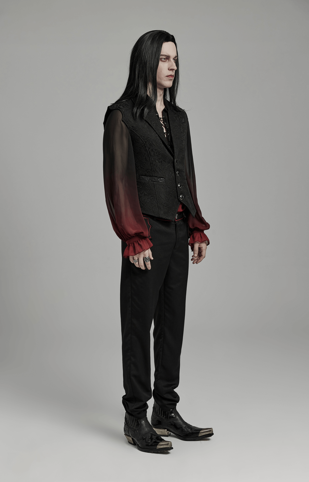 Gothic Jacquard Waistcoat with Bat Wing Design and Gemstone Buttons for a stylish, unique look.