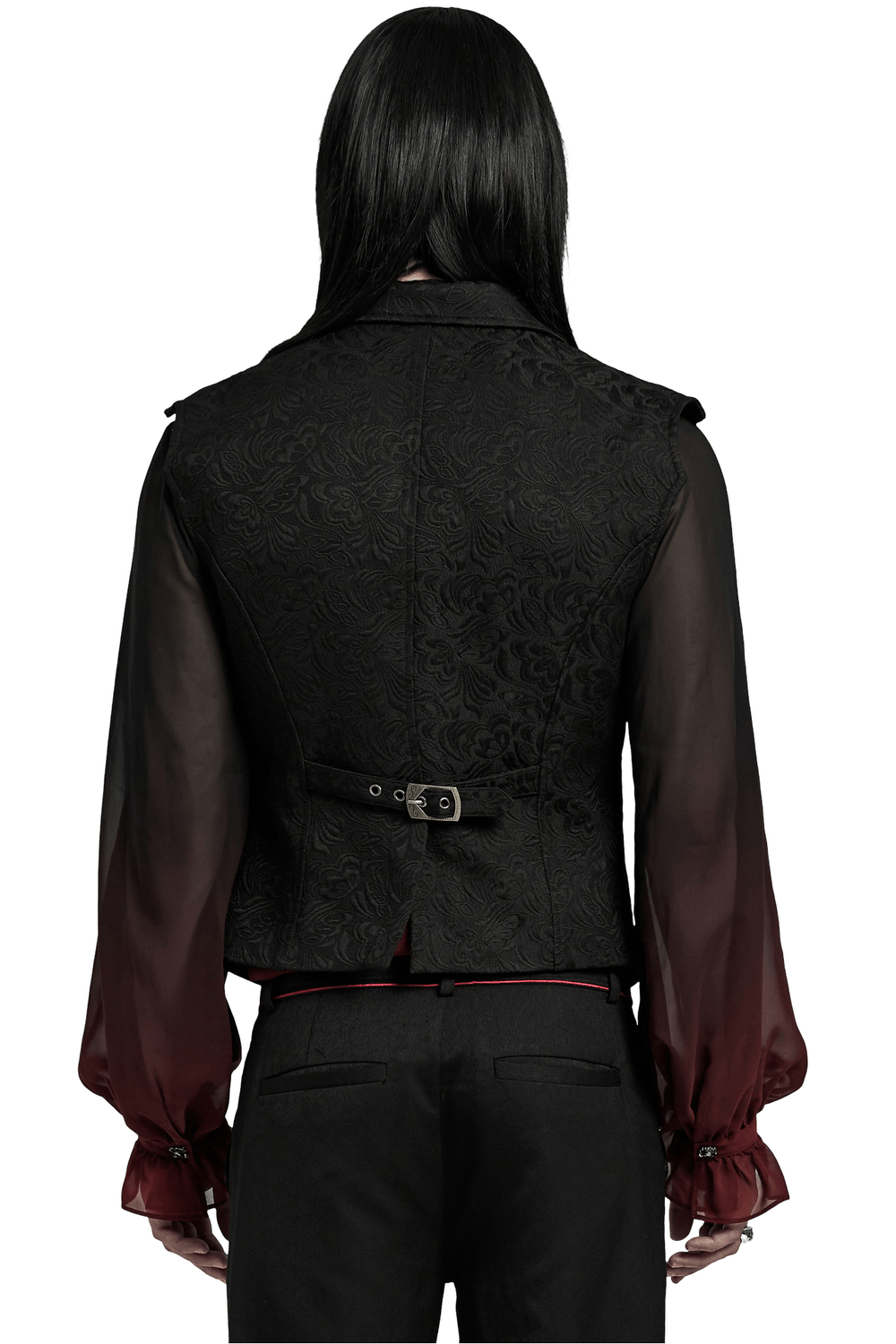 Back view of a Gothic Jacquard Waistcoat with bat wing design and gemstone buttons, stylishly paired with a sheer, elegant shirt.