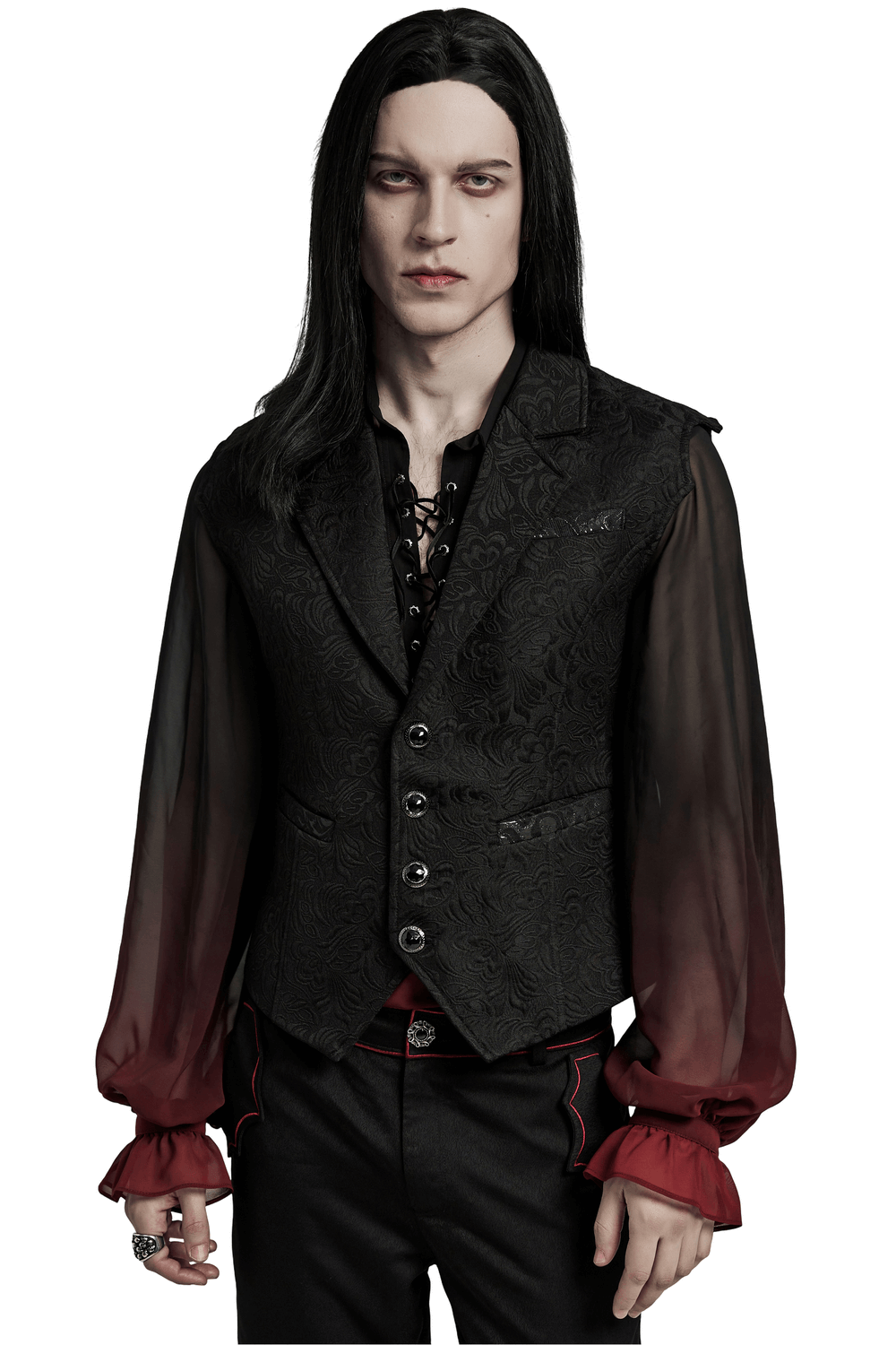 Gothic Jacquard Waistcoat with bat wing design and gemstone buttons, styled for a unique gothic fashion statement.