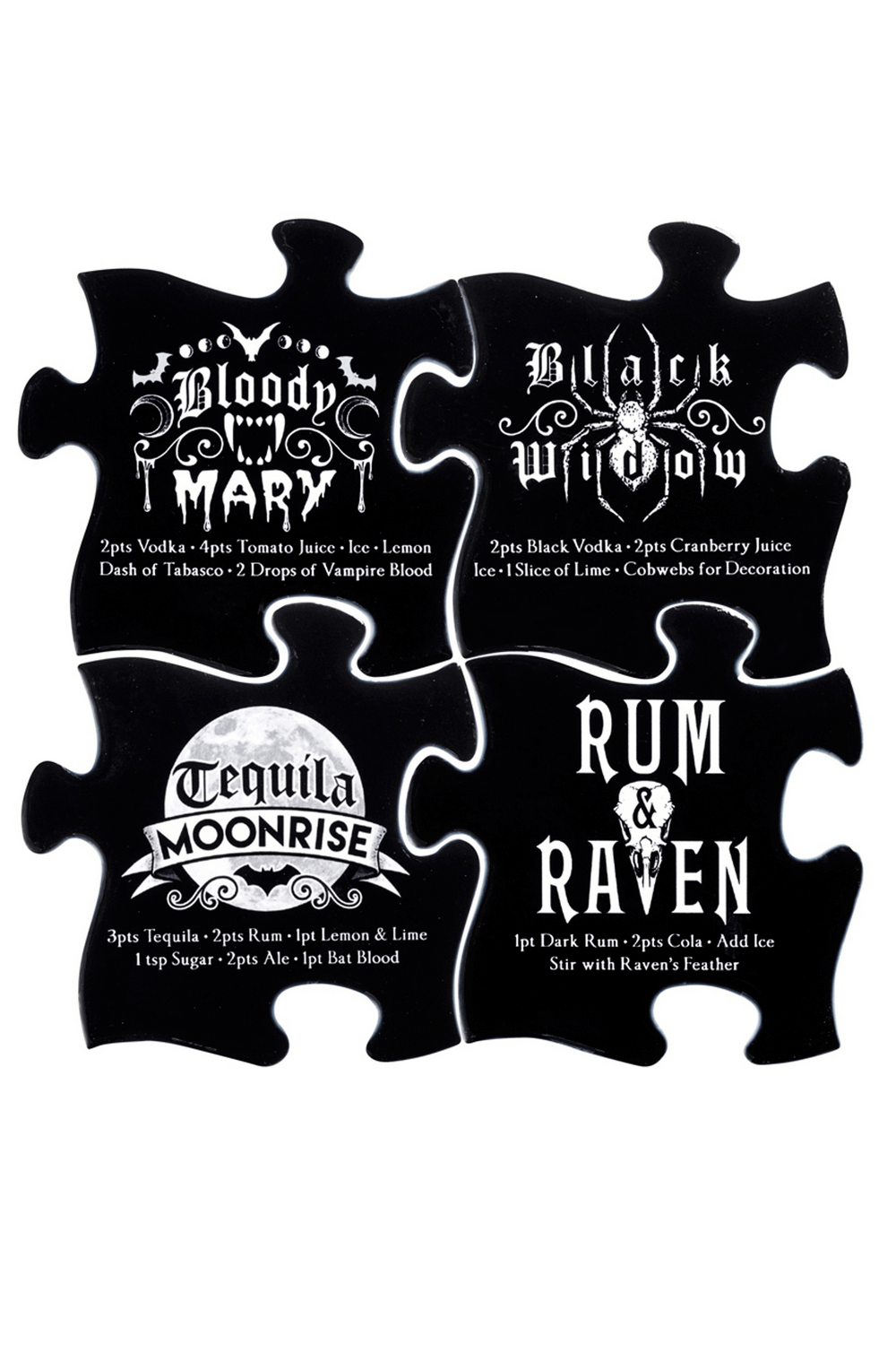 Gothic jigsaw coaster set featuring Halloween drink recipes: Bloody Mary, Black Widow, Tequila Moonrise, and Rum & Raven.