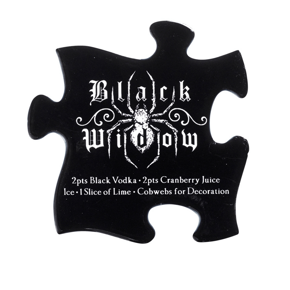 Gothic Black Widow jigsaw coaster with cocktail recipe for Halloween parties, featuring spooky design details.