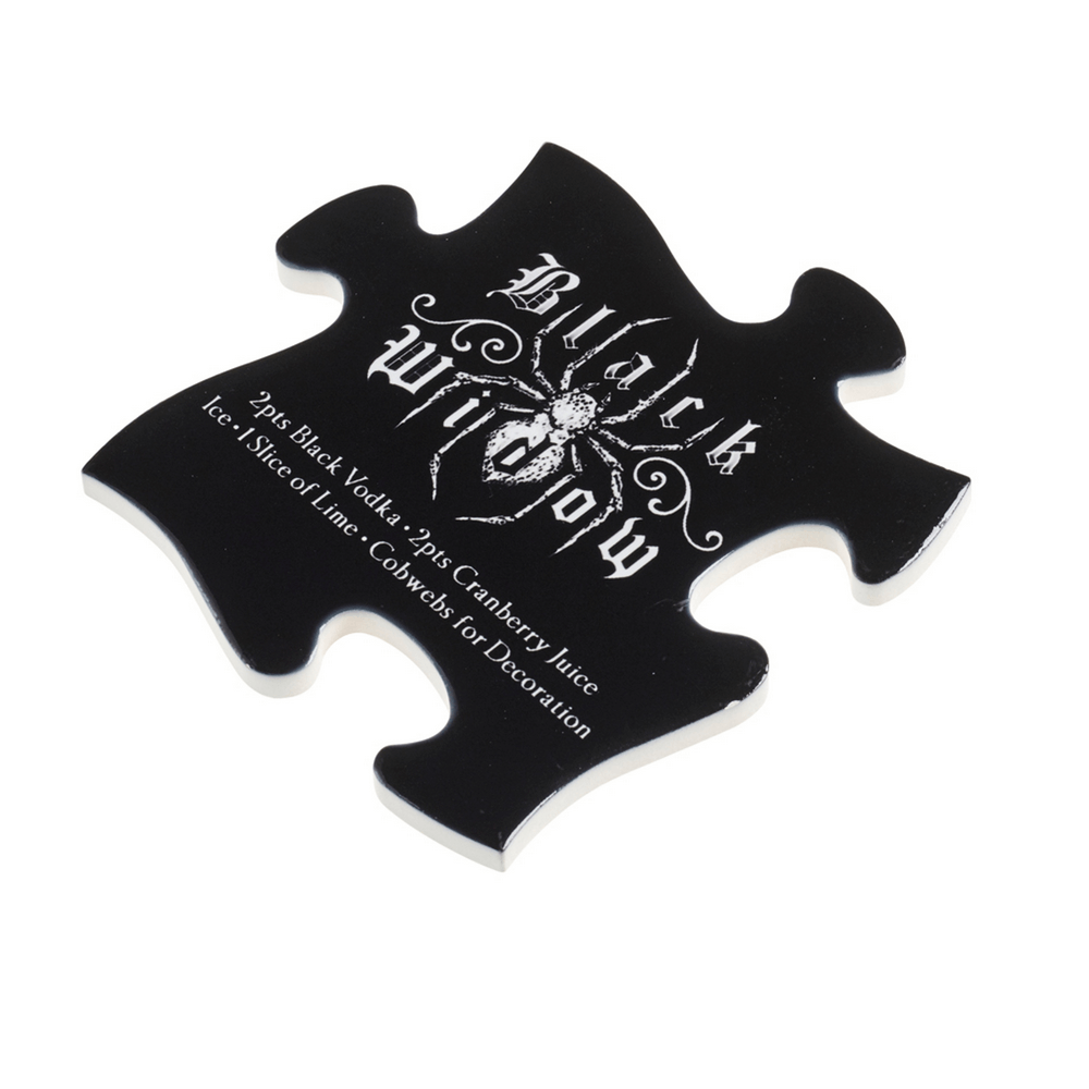 Black Widow cocktail recipe jigsaw coaster with gothic design for Halloween parties