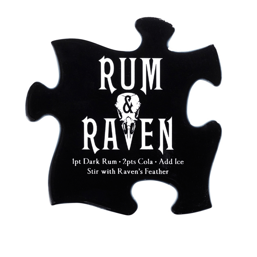 Gothic jigsaw coaster featuring drink recipe for 'Rum & Raven' cocktail for Halloween parties.