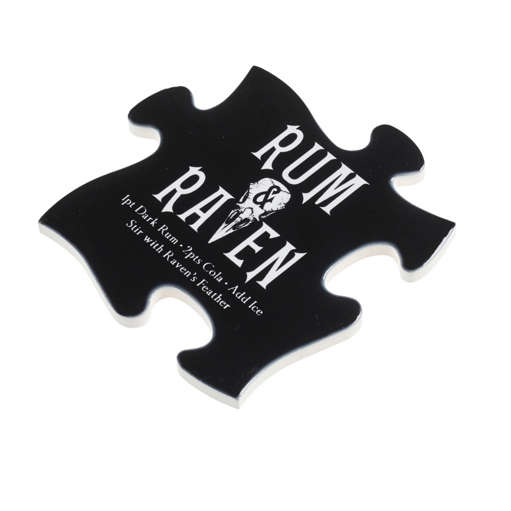Gothic jigsaw coaster featuring a 'Rum & Raven' drink recipe for Halloween parties.