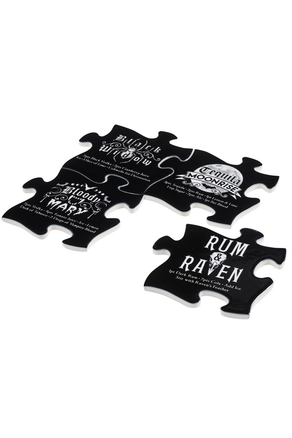 Gothic jigsaw coasters with Halloween drink recipes like Bloody Mary and Rum & Raven for stylish parties.