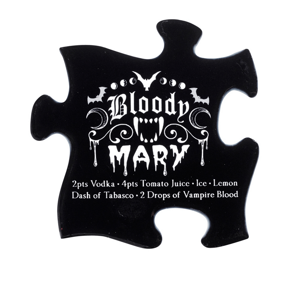 Bloody Mary cocktail recipe coaster from Gothic jigsaw set, perfect for Halloween parties and gothic decor.