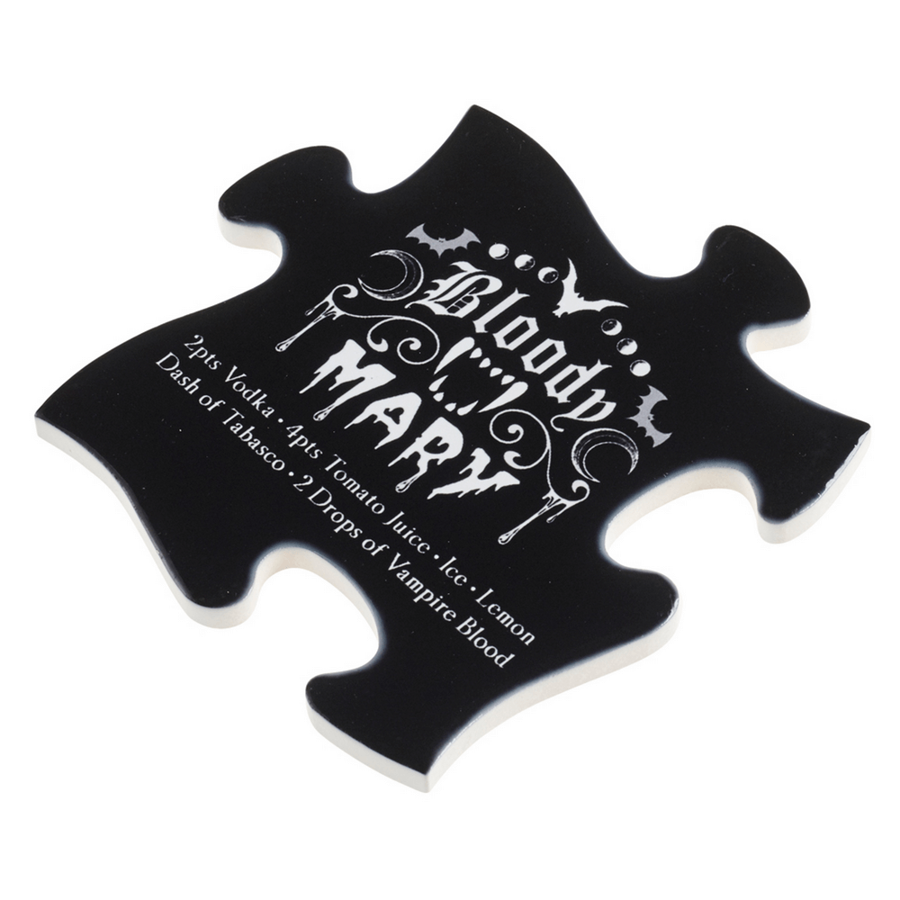 Gothic Bloody Mary jigsaw coaster with cocktail recipe for Halloween parties.