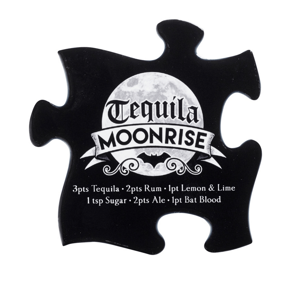 Gothic jigsaw coaster featuring Tequila Moonrise cocktail recipe for Halloween drinks.