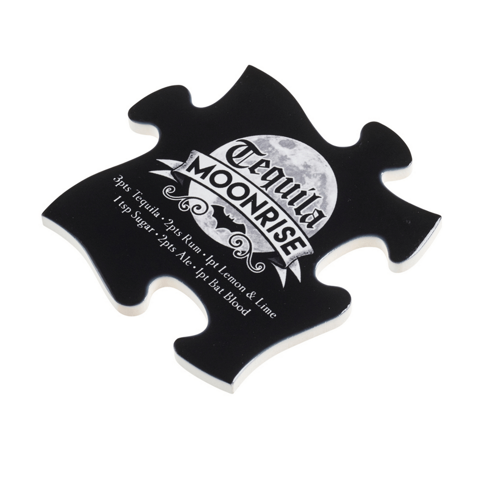 Gothic jigsaw coaster featuring a Tequila Moonrise cocktail recipe for Halloween parties.