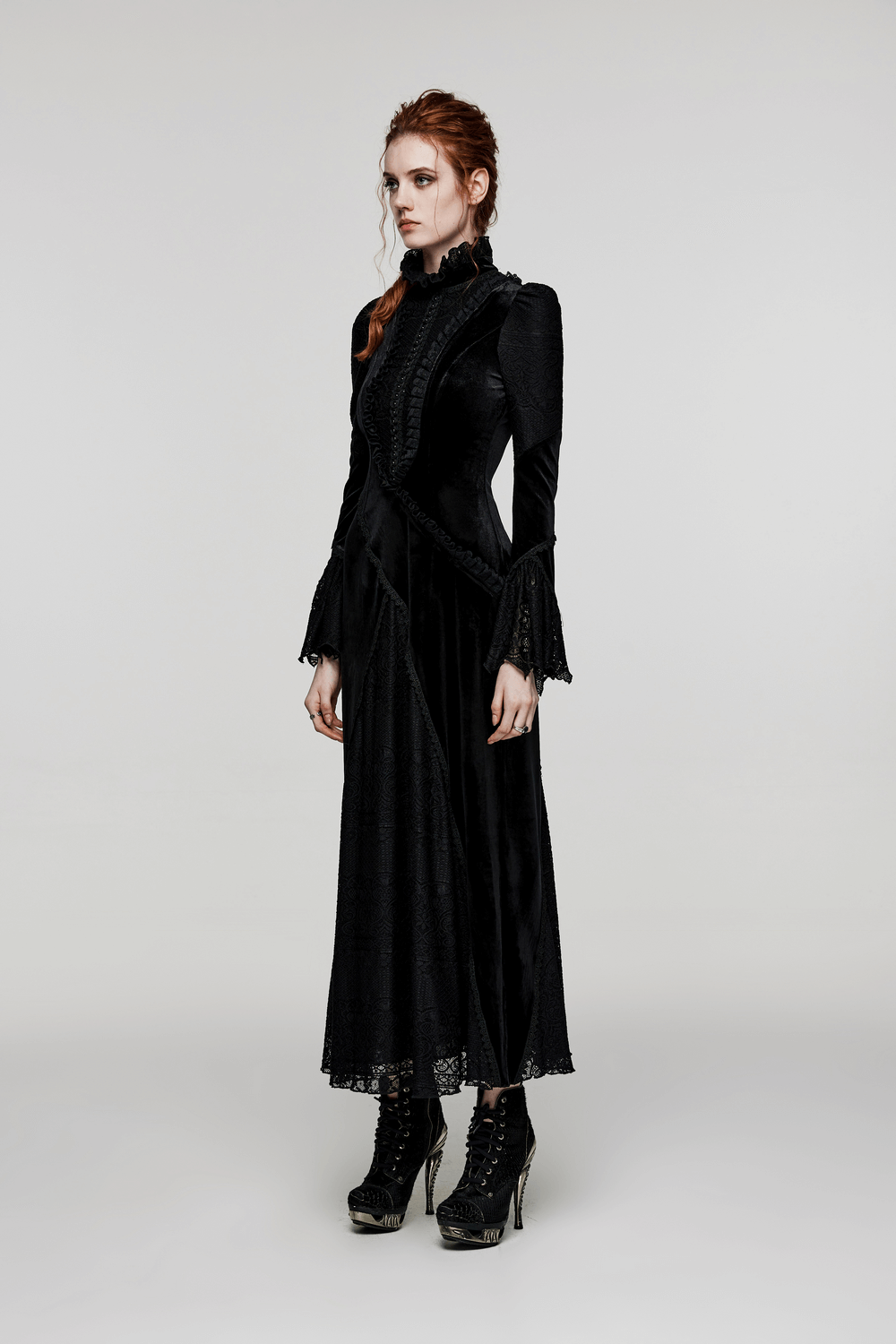 Gothic Lace-Accent Velvet Daily Dress With Flared Sleeves - HARD'N'HEAVY