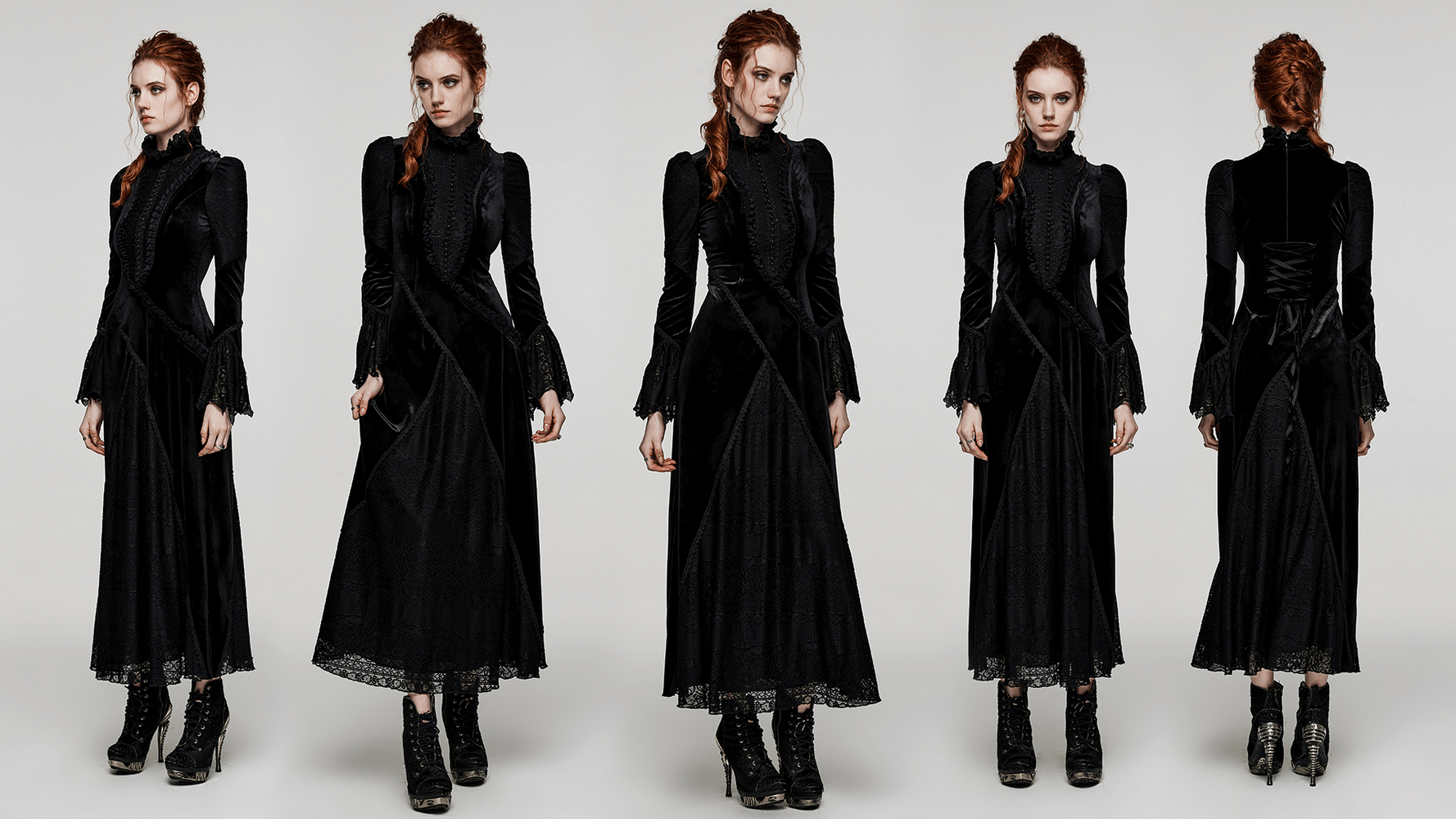 Gothic Lace-Accent Velvet Daily Dress With Flared Sleeves - HARD'N'HEAVY