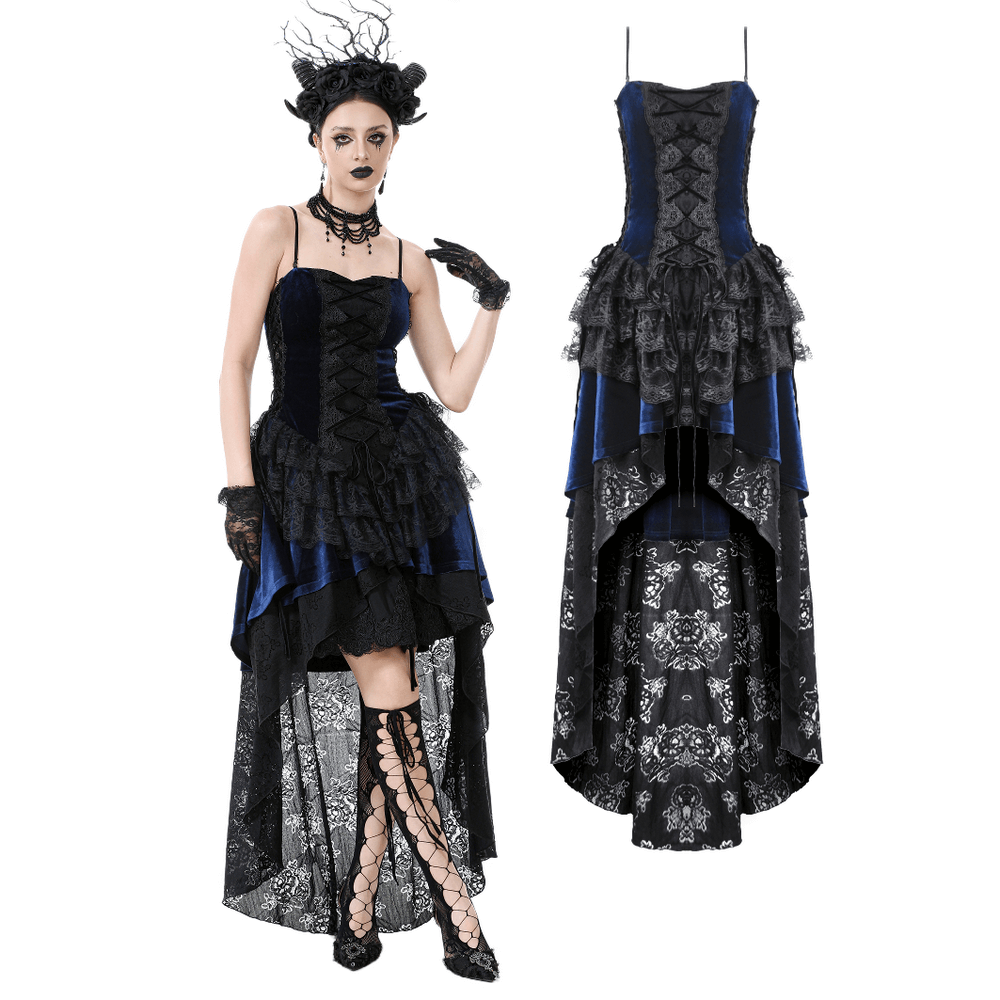 Gothic lace and chain corset dress with ruffled skirt, showcasing elegant velvet and lace detailing.