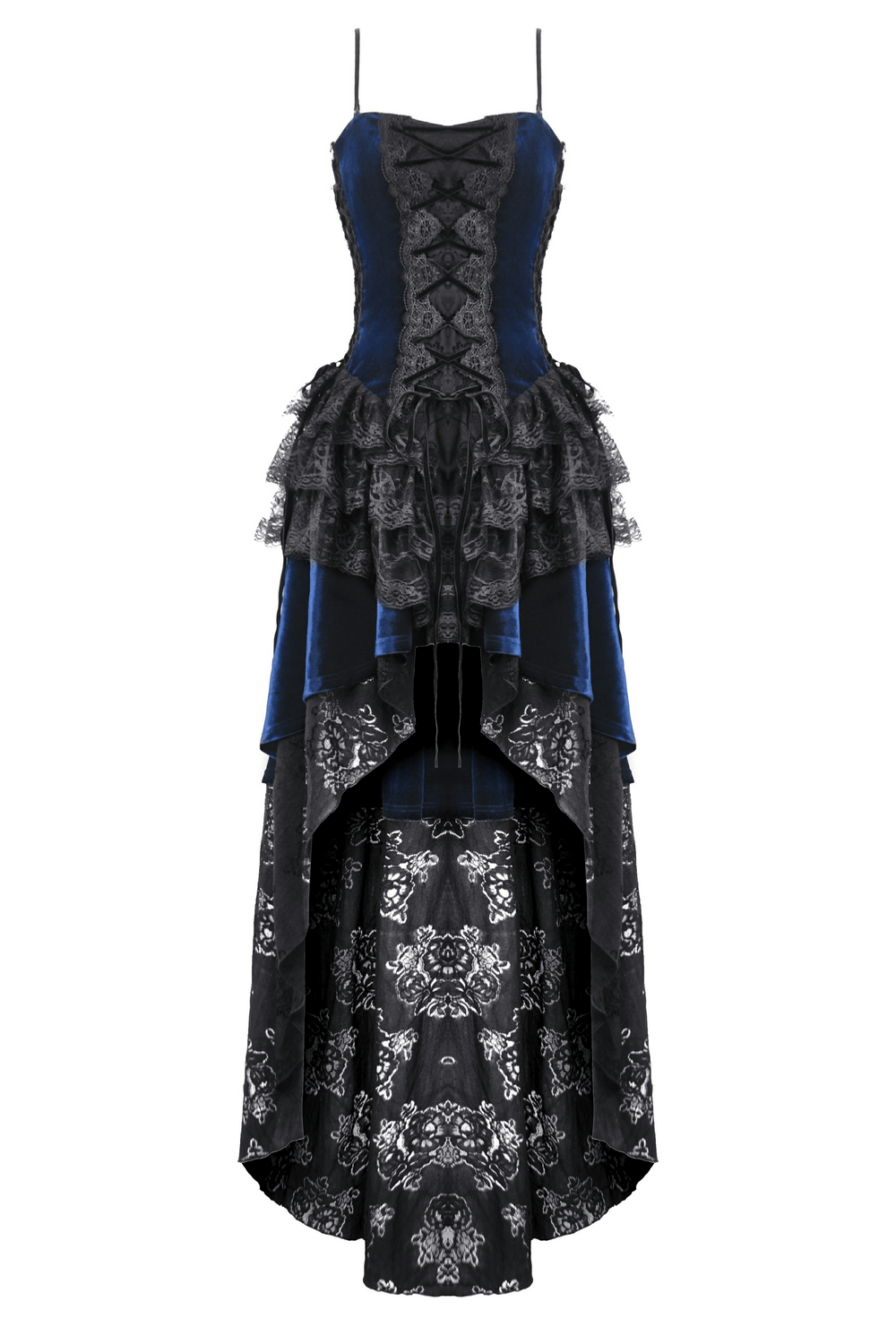Gothic lace and chain corset dress with ruffled skirt, featuring intricate velvet fabric and a striking silhouette.