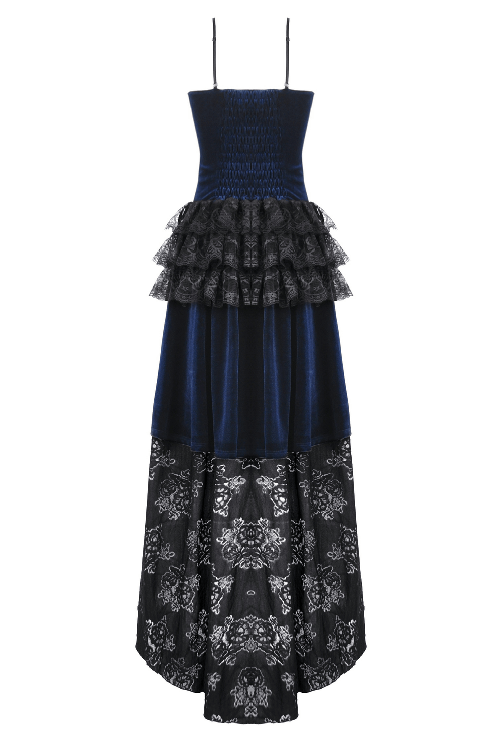 Gothic lace and chain corset dress with ruffled skirt in dark blue and black, featuring luxurious velvet and intricate lace details.
