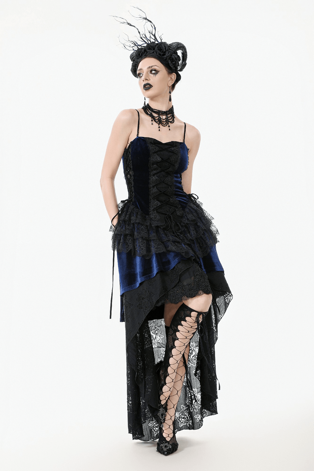 Gothic lace and chain corset dress with ruffled skirt, featuring luxurious velvet and intricate lace details.