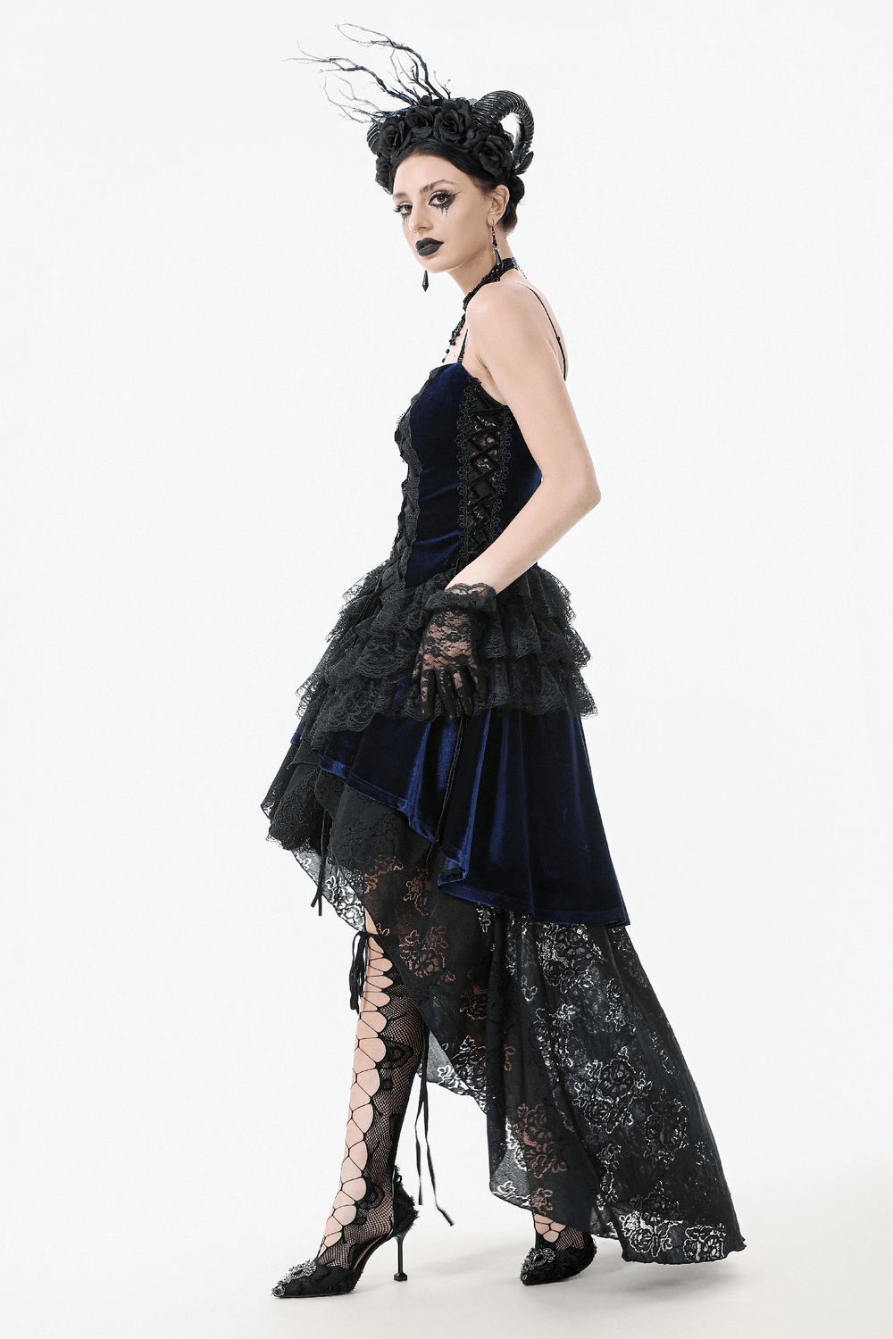 Gothic lace and chain corset dress with ruffled skirt, featuring velvet and intricate lace details.