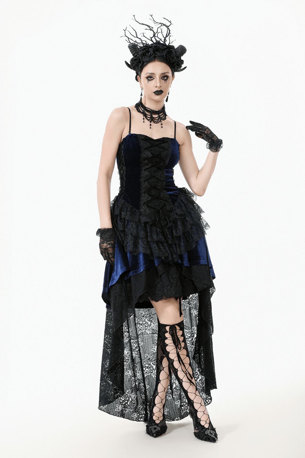Gothic lace and chain corset dress with ruffled skirt, black and blue velvet, stylish gothic accessories.