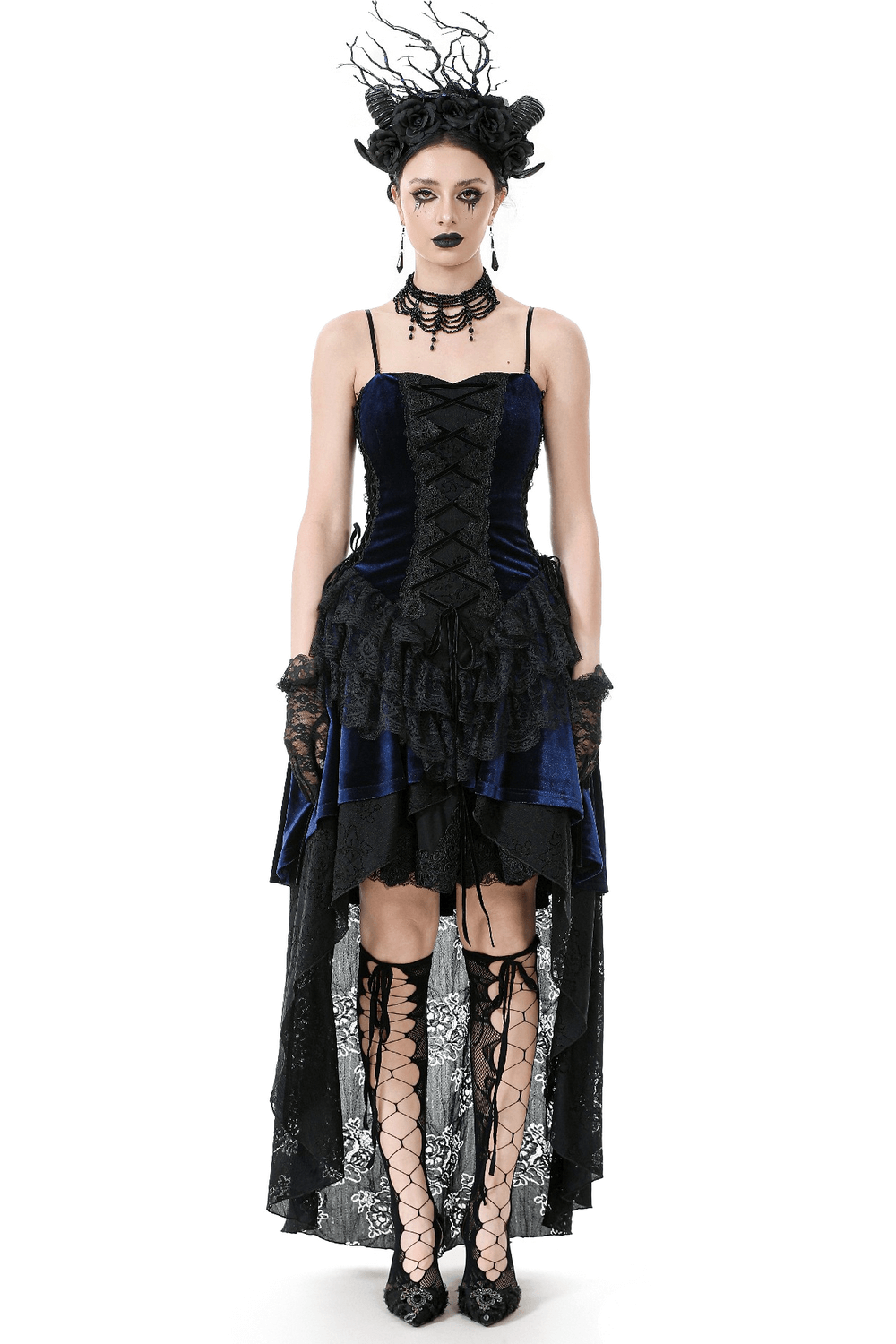 Gothic lace and chain corset dress with ruffled skirt, featuring velvet fabric and edgy accessories.
