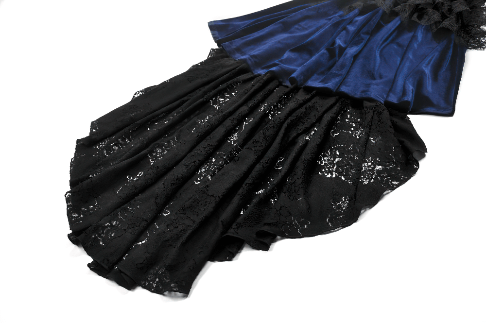 Elegant Gothic dress featuring intricate black lace and a luxurious blue satin bodice, perfect for a striking look.