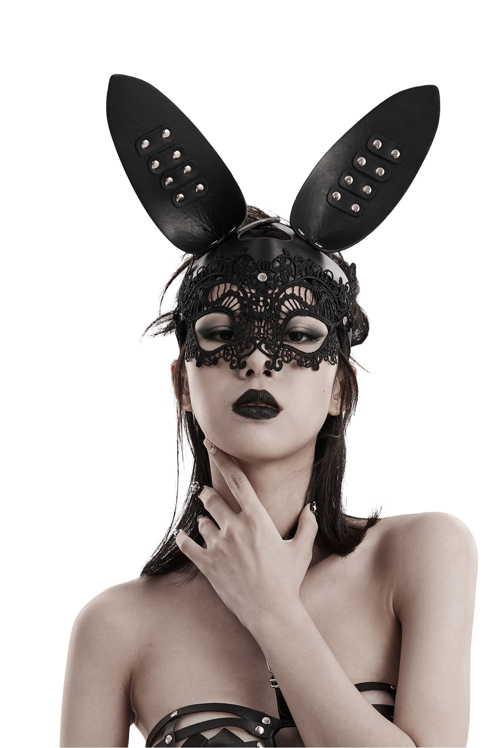Gothic Lace And Leather Bunny Mask with 3D Ears