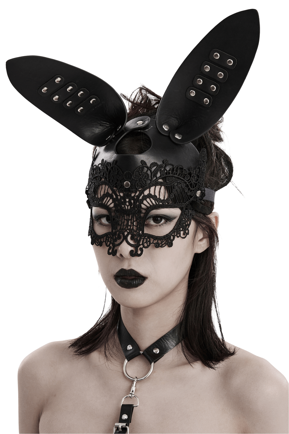 Gothic lace and leather bunny mask with 3D ears for edgy cosplay, featuring lace details and rivets for dark elegance.