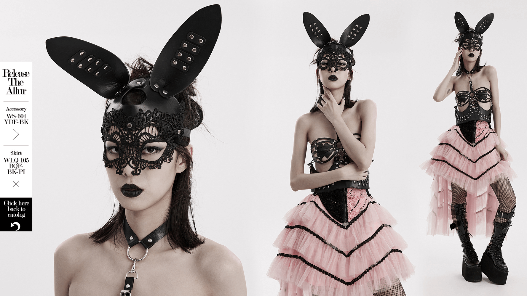 Gothic lace and leather bunny mask with 3D ears for edgy cosplay and playful style.