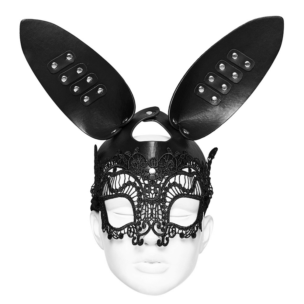 Gothic lace and leather bunny mask with 3D ears for edgy cosplay and dark elegance.