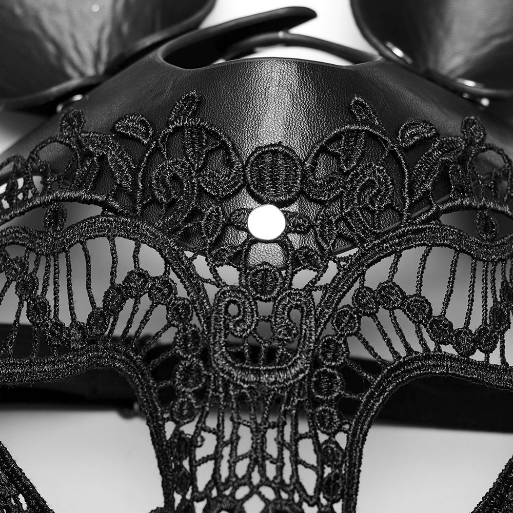 Close-up of a Gothic lace and leather bunny mask showing intricate lace details and stylish rivets.