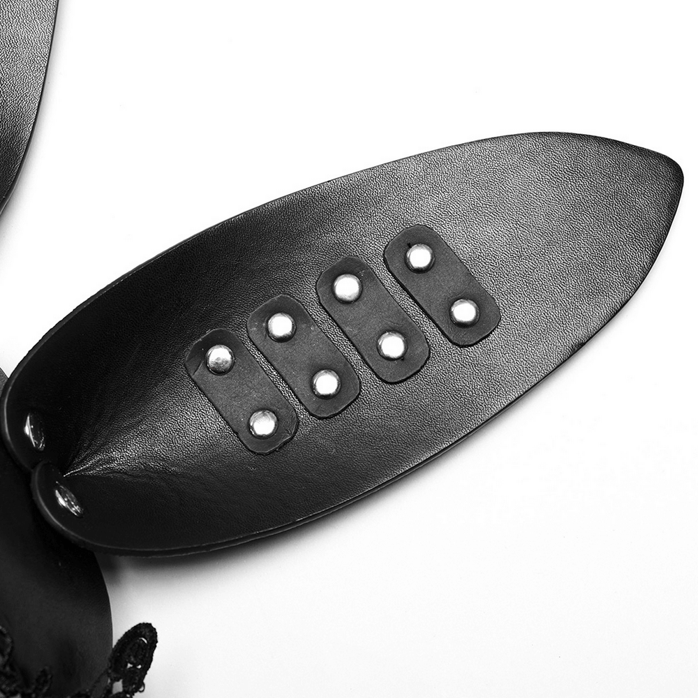Close-up of a Gothic lace and leather bunny mask ear featuring rivets for edgy style and elegance.