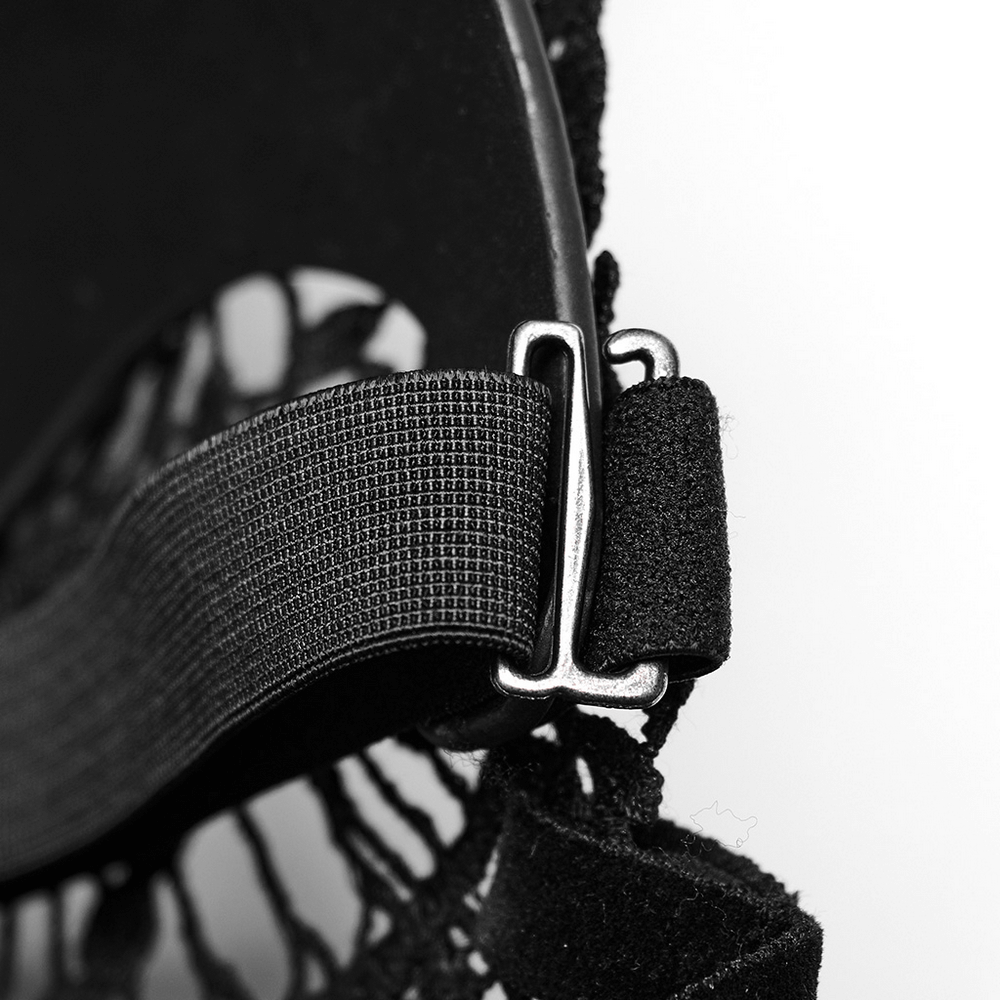 Close-up of adjustable strap and clasp of Gothic lace bunny mask in black.